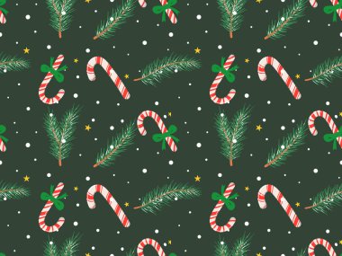 Candy cane and pine branch seamless pattern background, winter theme, christmas