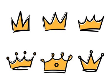 Doodle el çizilmiş altın taç ikon koleksiyonu