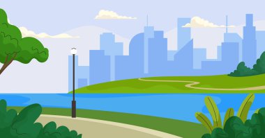 Şehir parkı manzarası, dönüm noktası gökyüzü, modern bina.