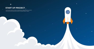 Ticari başlangıç afişi arka plan, roket gökyüzü ve bulutlar