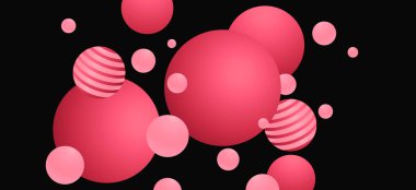 Siyah arka planda pembe baloncuk topu. Parti promosyonları, moda, internet başlıkları için modern tasarım. Enerjik, göz alıcı görsel şablon. Çizgili pembe baloncuk topu.