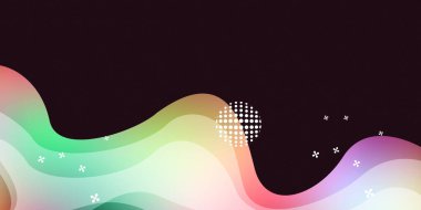 Soyut renkli sıvı dalga arkaplanı, tahıl dokusu ve koyu arkaplanda yarım ton noktalar. İniş sayfası için gelecek renkli akış arkaplanı