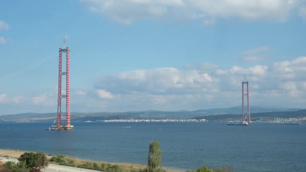 Canakkale Mart Koprusu Insaati Halatlar Cekildikten Sonra Avruapa Yakasindan Gorunum — Stockvideo