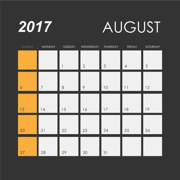 Calendario agosto 2017 plantilla — Archivo Imágenes Vectoriales