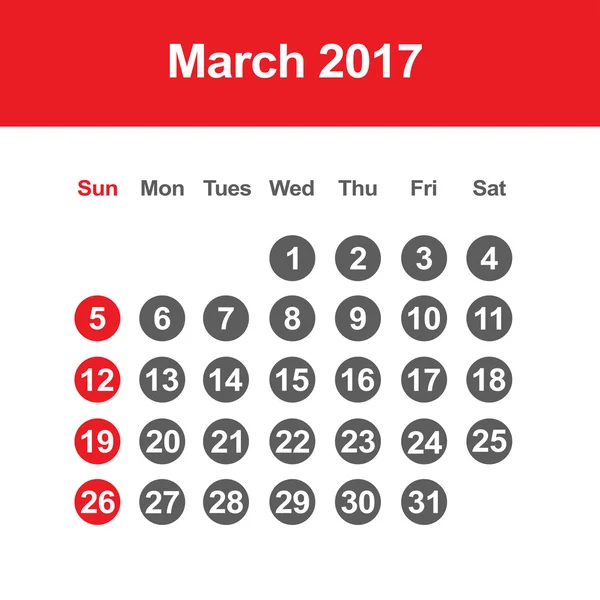 Modelo de março 2017 calendário —  Vetores de Stock