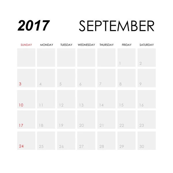 Calendrier septembre 2017 modèle — Image vectorielle