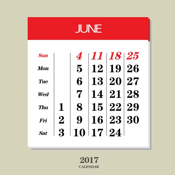 Calendar iunie 2017 șablon — Vector de stoc