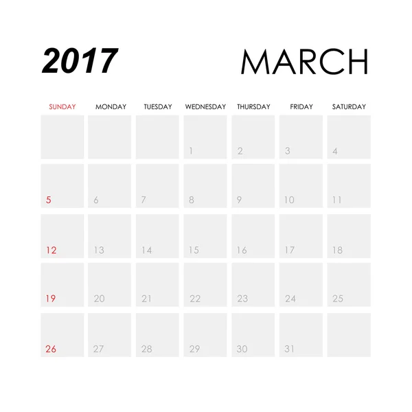 Naptári március 2017 sablon — Stock Vector
