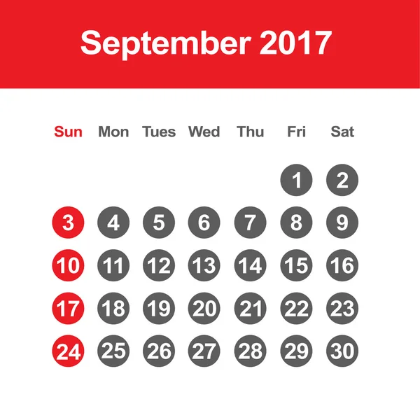 Szablon kalendarza września 2017 — Wektor stockowy