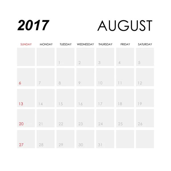 Calendario agosto 2017 plantilla — Vector de stock