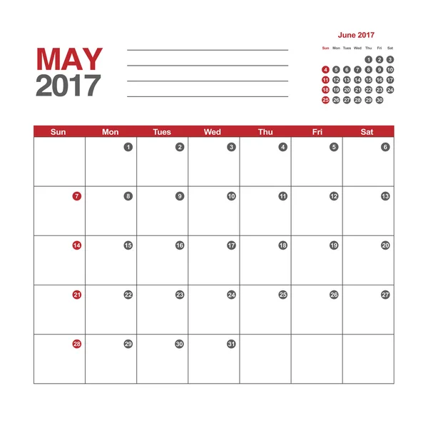 Ημερολόγιο Μαΐου 2017 πρότυπο — Διανυσματικό Αρχείο