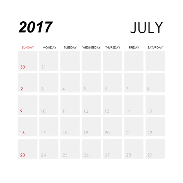 Calendário julho 2017 modelo —  Vetores de Stock