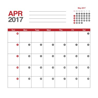 Takvim Nisan 2017 şablonu