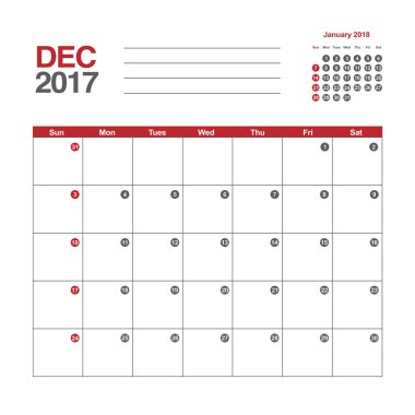 Takvim Aralık 2017 şablonu