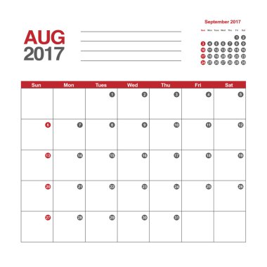 Takvim Ağustos 2017 şablonu