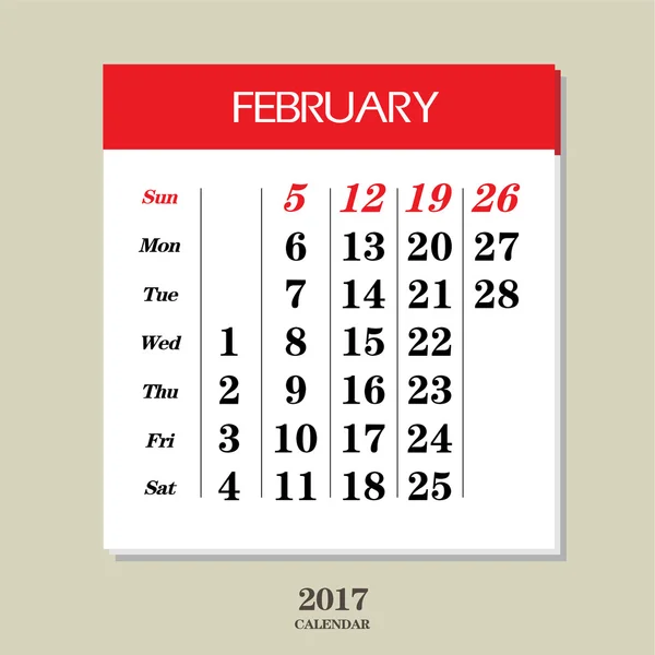 Calendrier février 2017 modèle — Image vectorielle