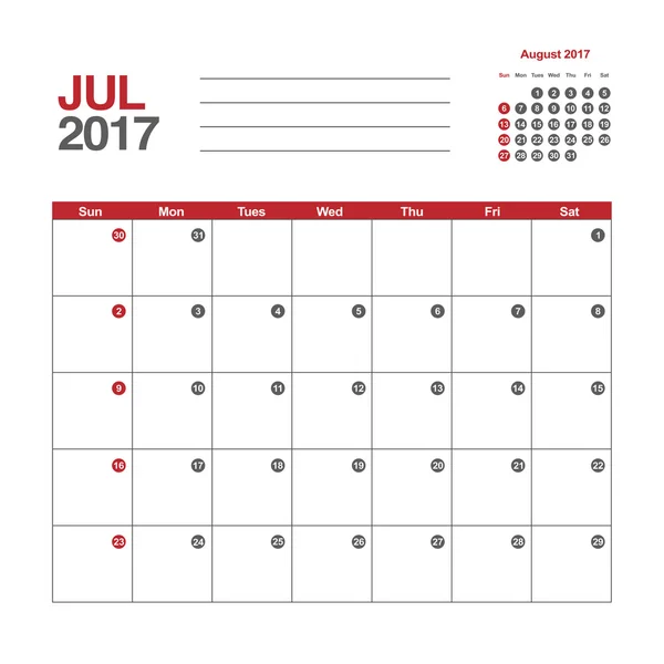 Ιουλίου 2017 πρότυπο ημερολογίου — Διανυσματικό Αρχείο