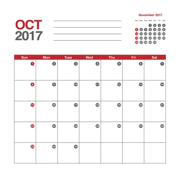 Οκτωβρίου 2017 πρότυπο ημερολογίου — Διανυσματικό Αρχείο