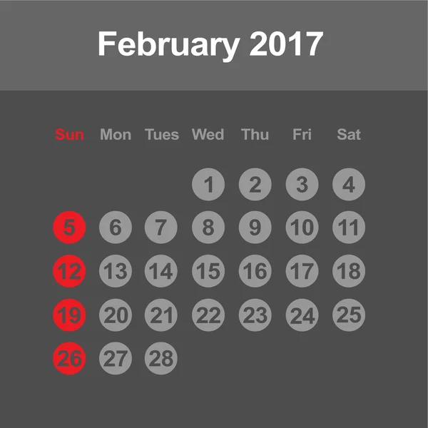 Φεβρουαρίου 2017 πρότυπο ημερολογίου — Διανυσματικό Αρχείο