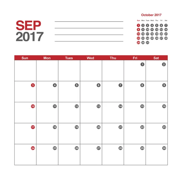 Ημερολόγιο Σεπτεμβρίου 2017 πρότυπο — Διανυσματικό Αρχείο