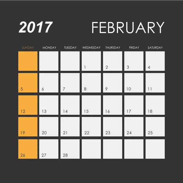 Calendar februarie 2017 șablon — Vector de stoc