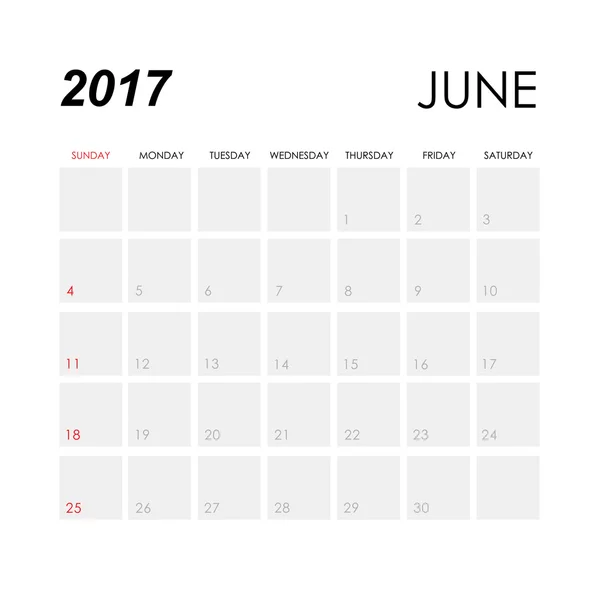 Calendário junho 2017 modelo —  Vetores de Stock
