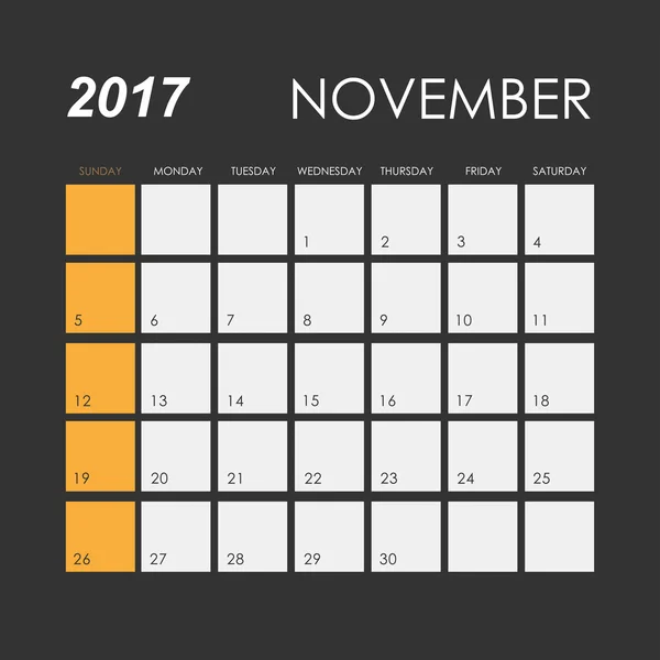 Listopadu roku 2017 šablona kalendáře — Stockový vektor