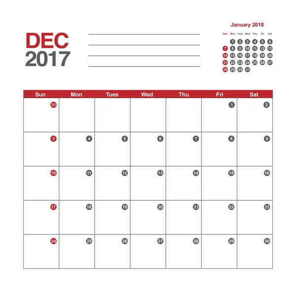 Modelo de dezembro 2017 calendário —  Vetores de Stock
