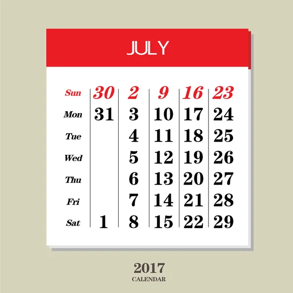 Calendário julho 2017 modelo — Vetor de Stock