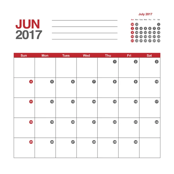 Ιουνίου 2017 πρότυπο ημερολογίου — Διανυσματικό Αρχείο