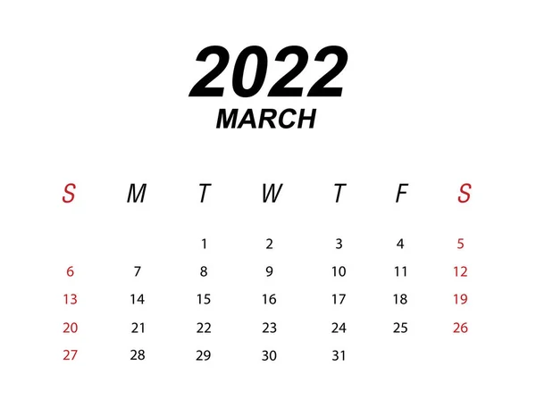 Πρότυπο Ημερολογίου 2022 Μαρτίου — Διανυσματικό Αρχείο
