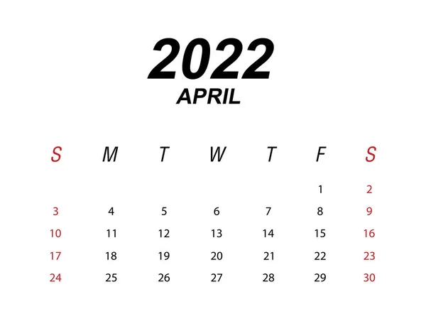 Υπόδειγμα Ημερολογίου 2022 Απρίλιος — Διανυσματικό Αρχείο