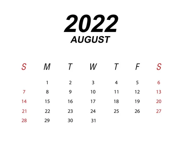 Modèle Calendrier 2022 Août — Image vectorielle