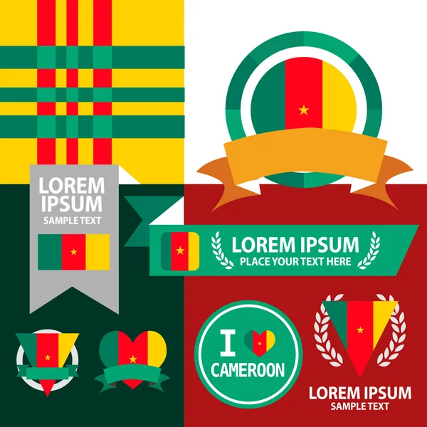 Conjunto de Bandera, emblema y patrón de Camerún — Vector de stock