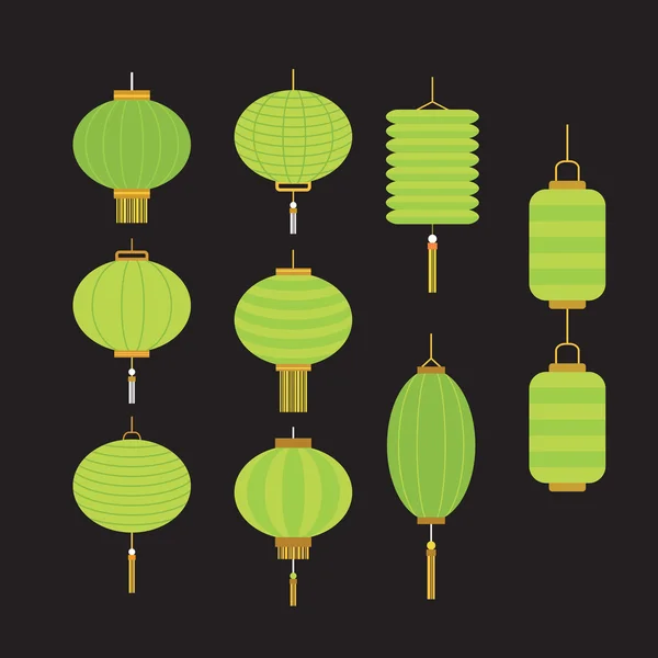 Collection of green Chinese lanterns — Stock Vector