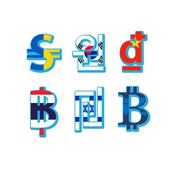Conjunto de símbolos de moneda con bandera en fondo blanco — Vector de stock