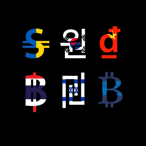 Conjunto de símbolos de moneda con bandera en fondo negro — Vector de stock
