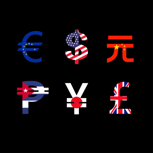 Para birimi simgeleri ile siyah arka plan bayrak kümesi