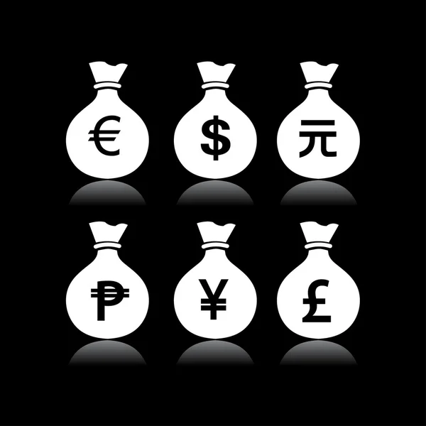 Conjunto de bolsas de dinero en fondo negro — Vector de stock
