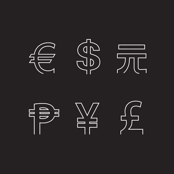 Conjunto de símbolos de moneda de línea en negro — Vector de stock