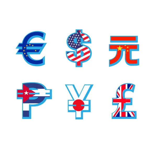 Set of currency symbols with flag in white background — Stock Vector