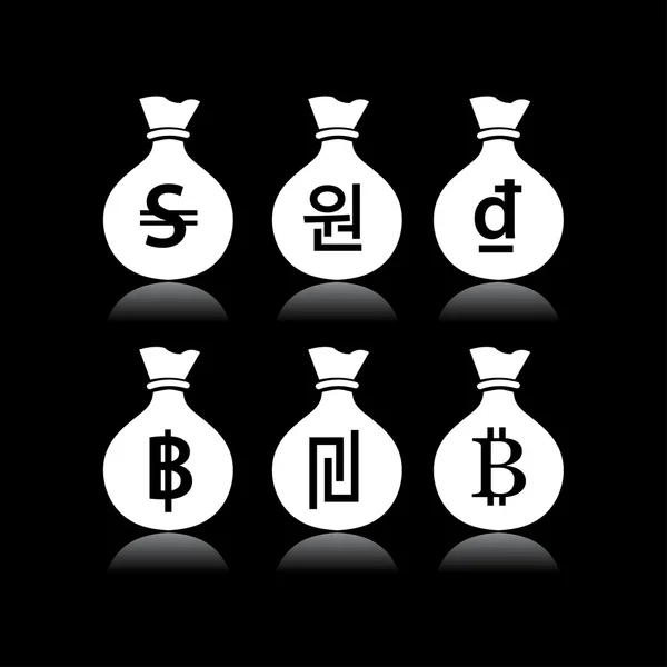 Ensemble de sacs d'argent en fond noir — Image vectorielle