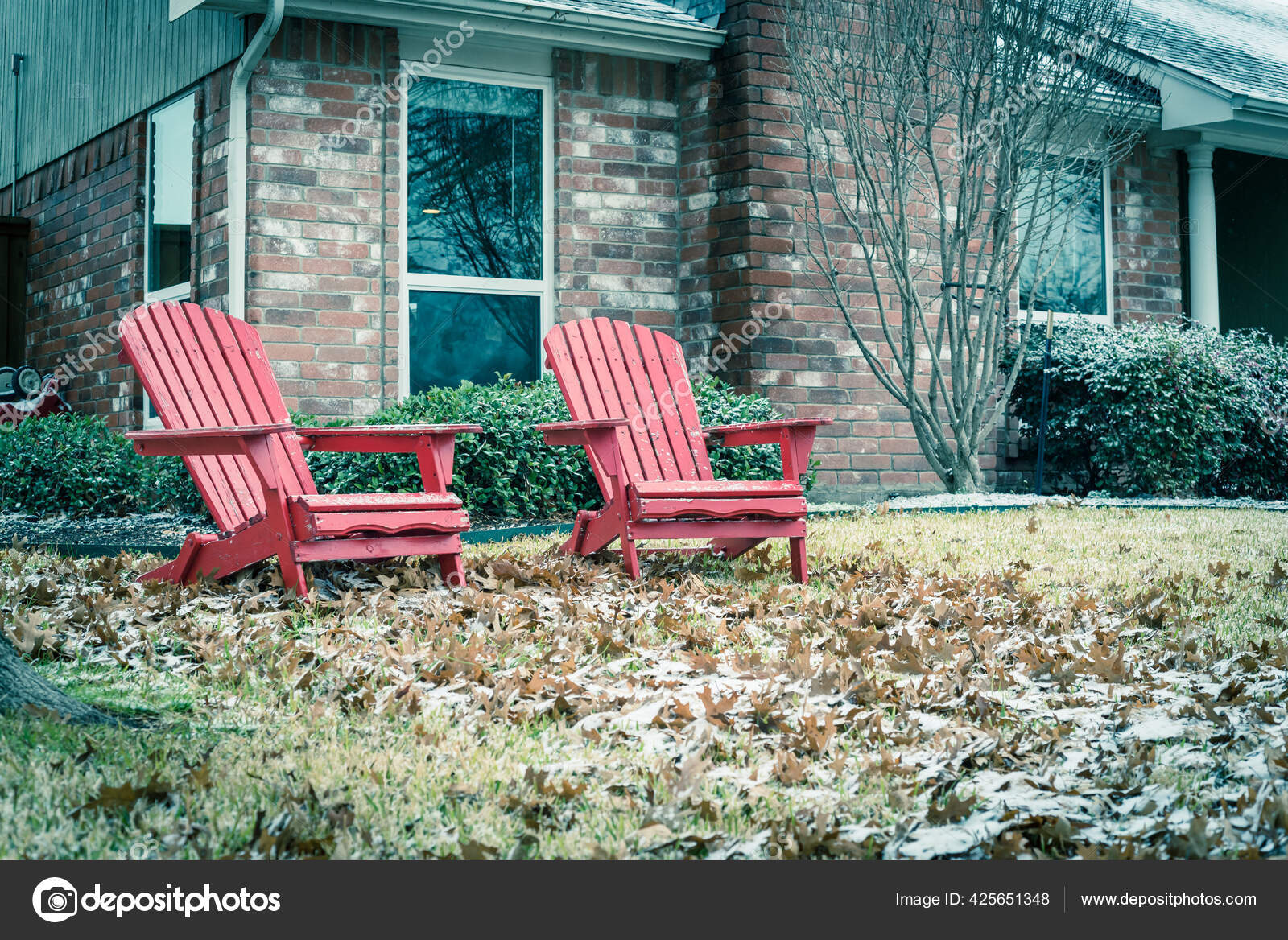 Top View Close Two Red Wooden Adirondack Chairs Front Yard Stock