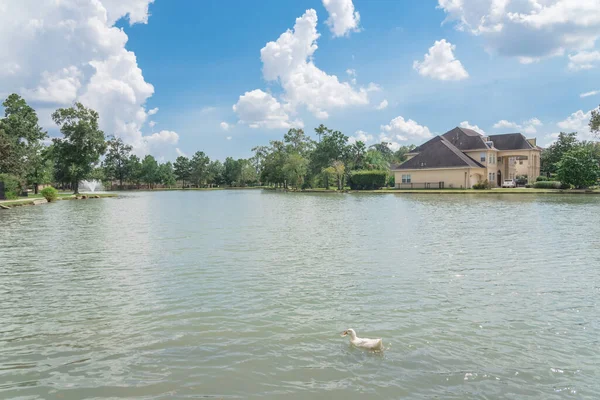 Parque Residencial Subúrbio Com Casa Beira Lago Fonte Água Ativa — Fotografia de Stock