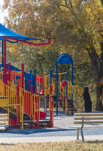 Vibrant playground near nature park with colorful autumn leaves in Flower Mound, Texas, USA