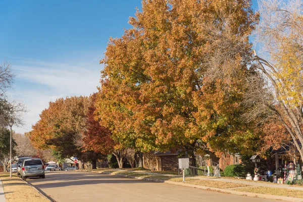 Rij Van Voorstedelijke Huizen Omgeven Door Kleurrijke Herfst Gebladerte Geparkeerde — Stockfoto