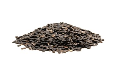 Beyaz arka planda izole edilmiş büyük bir luffa tohumu yığını. Tedavi edilmemiş organik lif luffa aegyptiaca ve Luffa acutangula sebze tohumları ekime hazır.