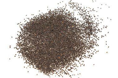 Fesleğen tohumları izole edilmiş beyaz arka planda çoğalıyor. Ev yapımı organik İtalyan tatlısı, siyah, opal fesleğeni ekmeye hazır.