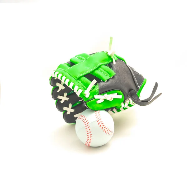 Бейсбольные Перчатки Перчатки Мячом Изолированы Белом Большая Кожаная Перчатка Надетая — стоковое фото