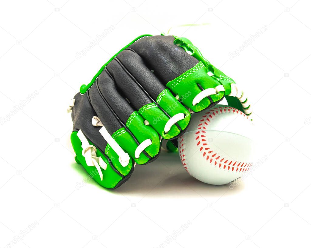 Baseball gloves or mitt with ball isolated on white. A large leather glove worn by tee ball, youth baseball players of the defending team